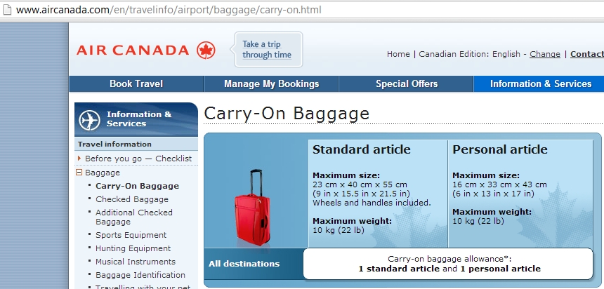 Air Canada carry on and personal item 